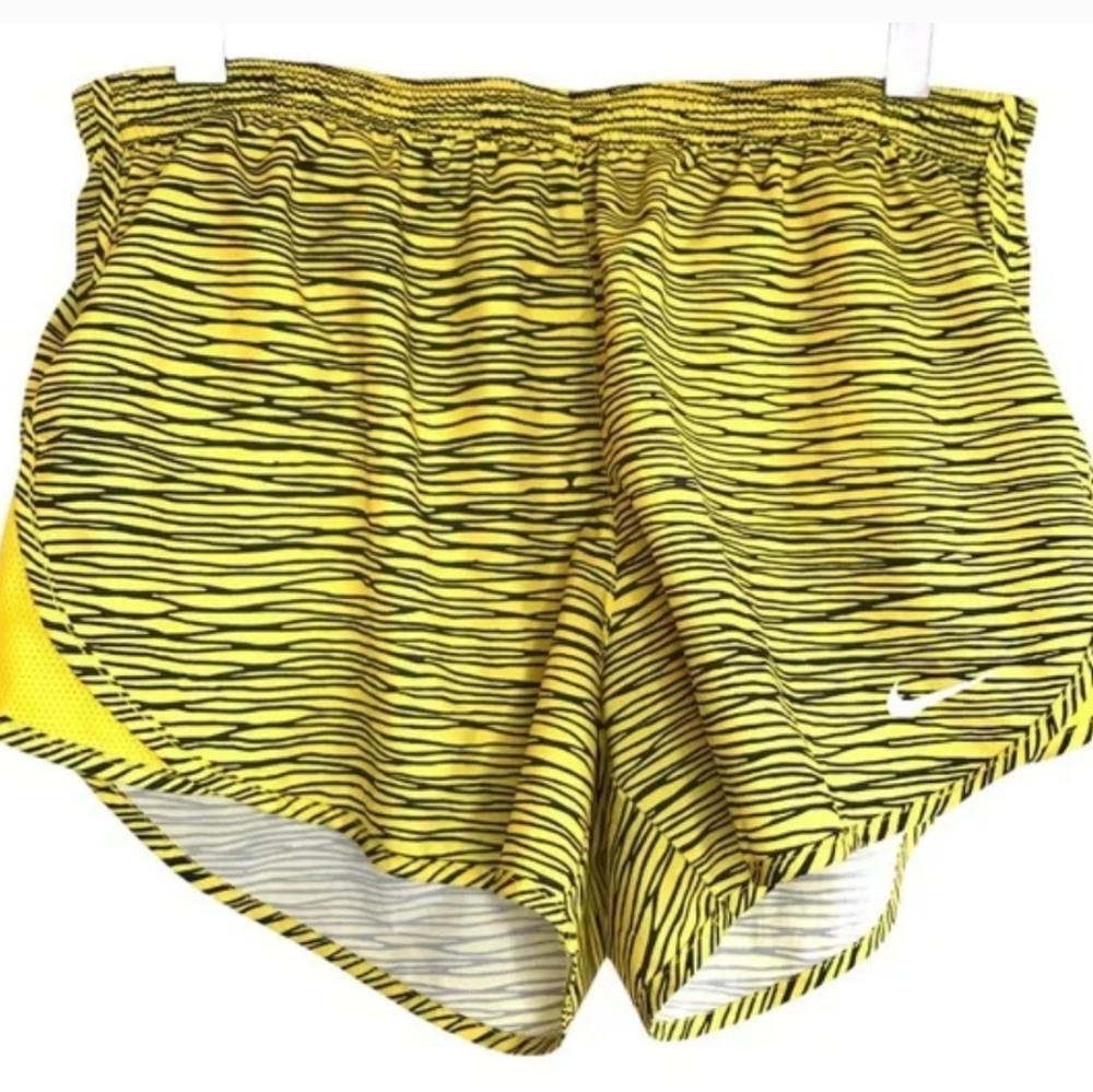 Nike running shorts yellow black abstract mesh panel lining elastic